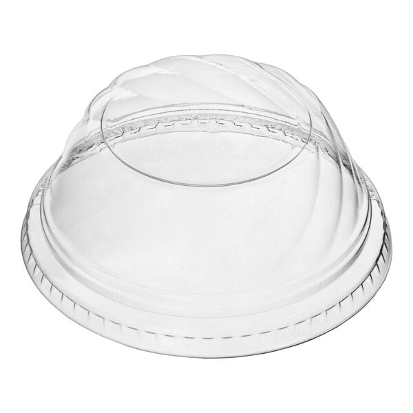 A clear round low dome plastic dessert lid without a hole.