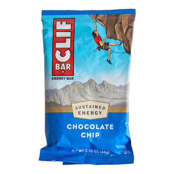 A blue and white package of Clif Bar Chocolate Chip Energy Bars with a person climbing a rock.