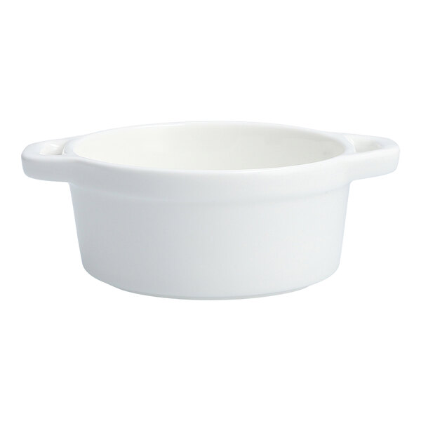 A white Fortessa Fortaluxe Basics casserole dish with handles.