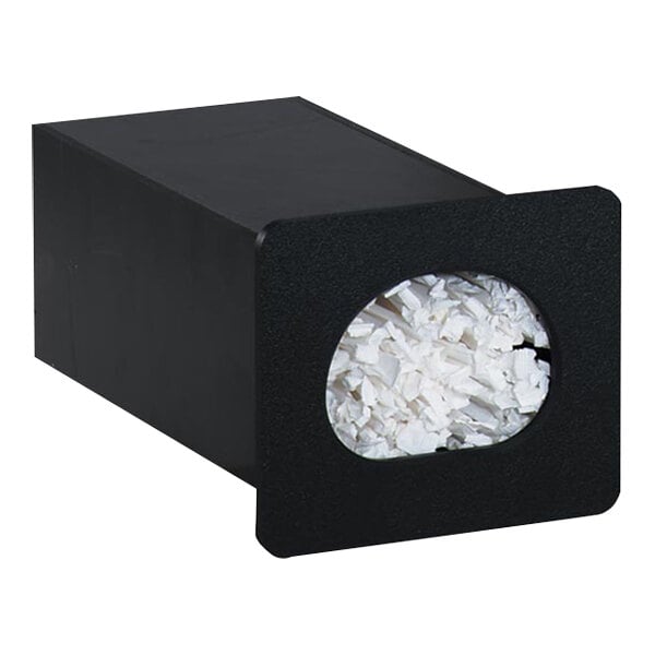 A black polystyrene box with a hole in the middle filled with white wrapped straws.