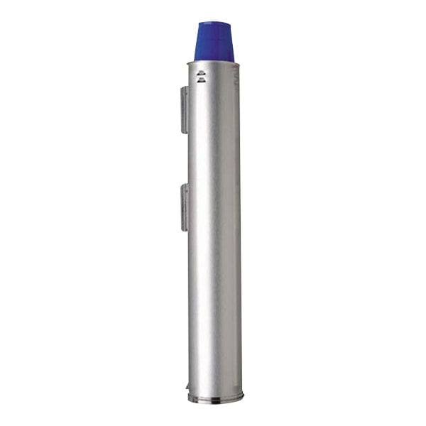 A silver cylinder with a blue cap.