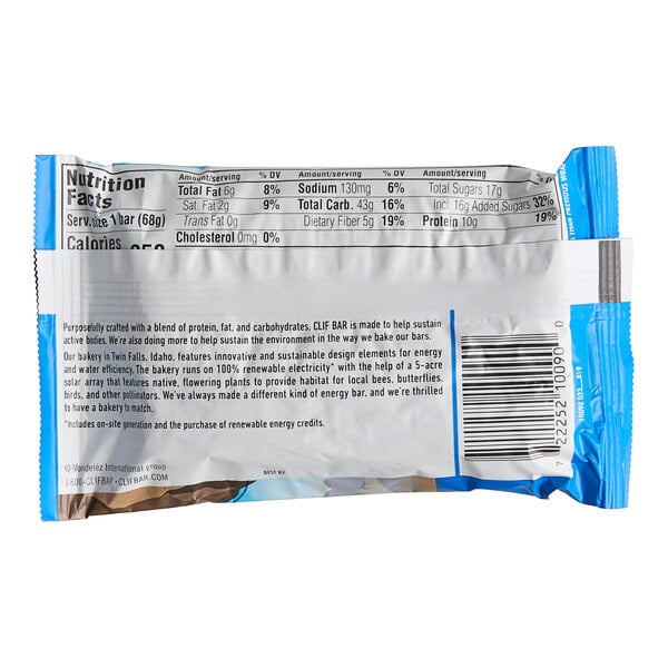 A blue plastic package of Clif Bar Chocolate Chip Energy Bars with black text.