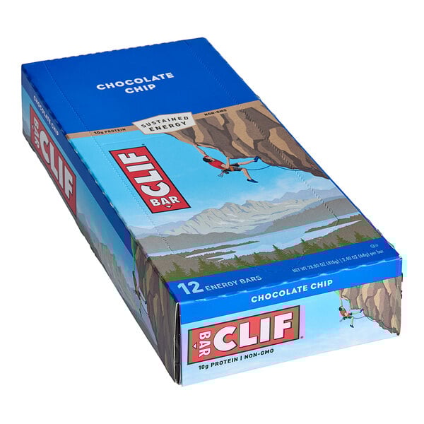 A blue and white box of Clif Bar Chocolate Chip Energy Bars.