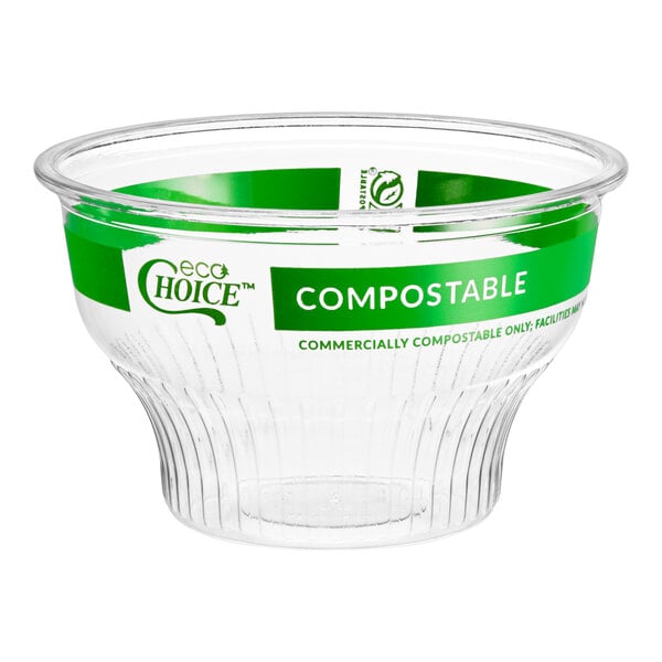 An 8 oz. clear compostable PLA dessert cup with green EcoChoice branding.