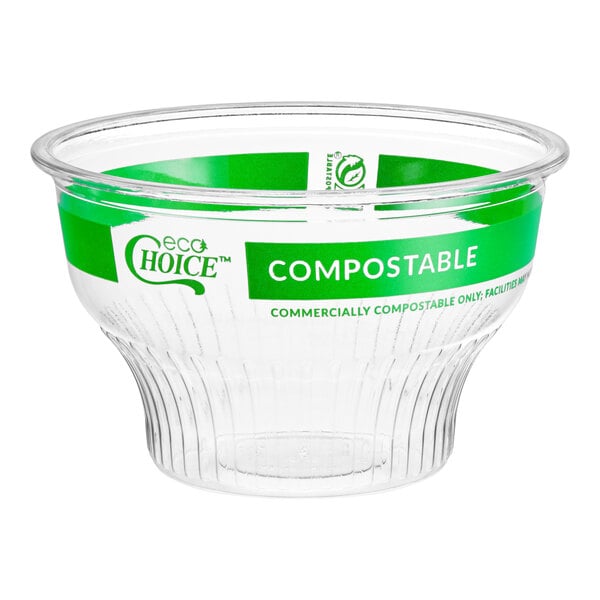 A clear 8 oz. compostable PLA dessert cup with green EcoChoice branding.