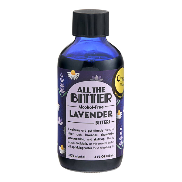 A bottle of All The Bitter Non-Alcoholic Lavender Bitters on a counter.