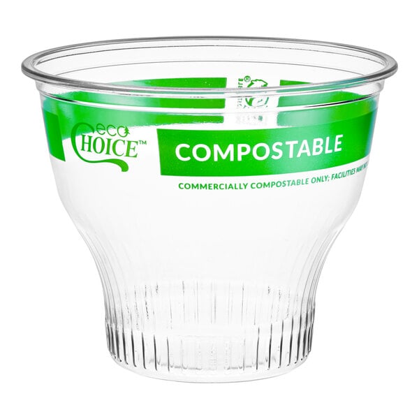 A clear 12 oz. compostable PLA dessert cup with green EcoChoice branding.