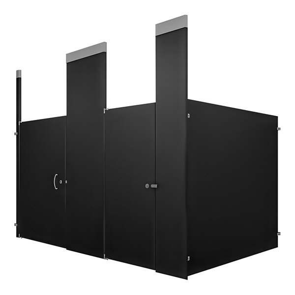 A black Hadrian stall partition with silver handles.