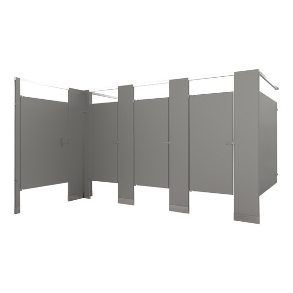 A group of four grey Hadrian stall partitions with white doors.