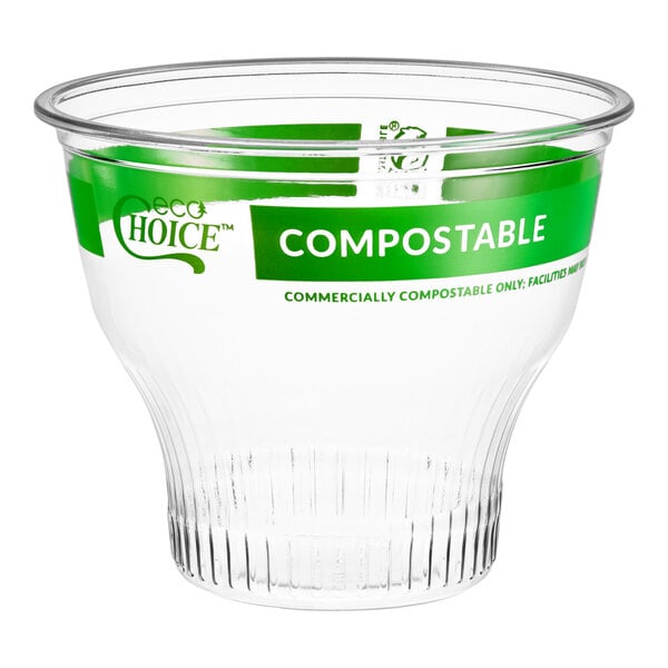 A clear 12 oz. compostable PLA dessert cup with green EcoChoice branding.