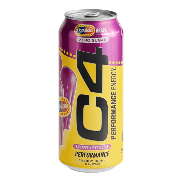 A case of 12 yellow and purple C4 Performance Energy drink cans.