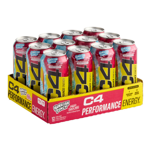 A 12-pack case of C4 Energy Hawaiian Punch Fruit Juicy Red energy drink cans.