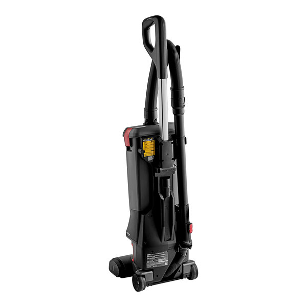 A black and red Hoover cordless upright vacuum cleaner on a white background.
