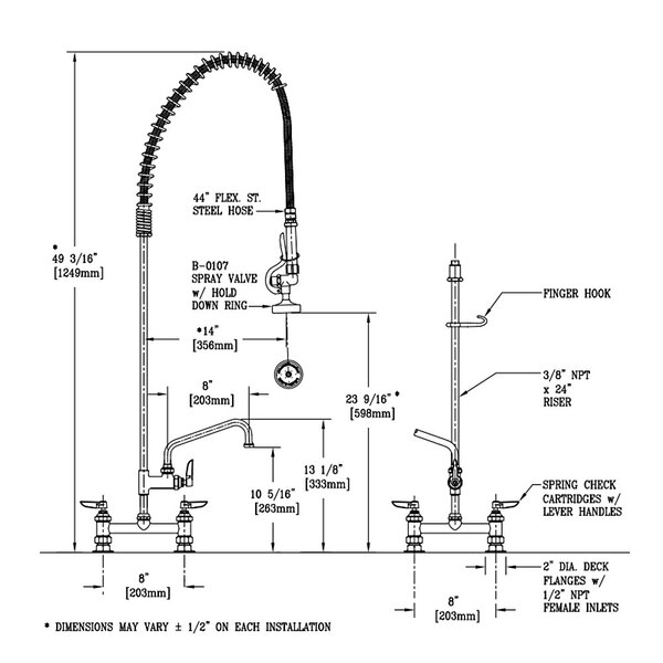 A diagram of a T&amp;S deck mounted pre-rinse faucet with an add-on faucet and hose.