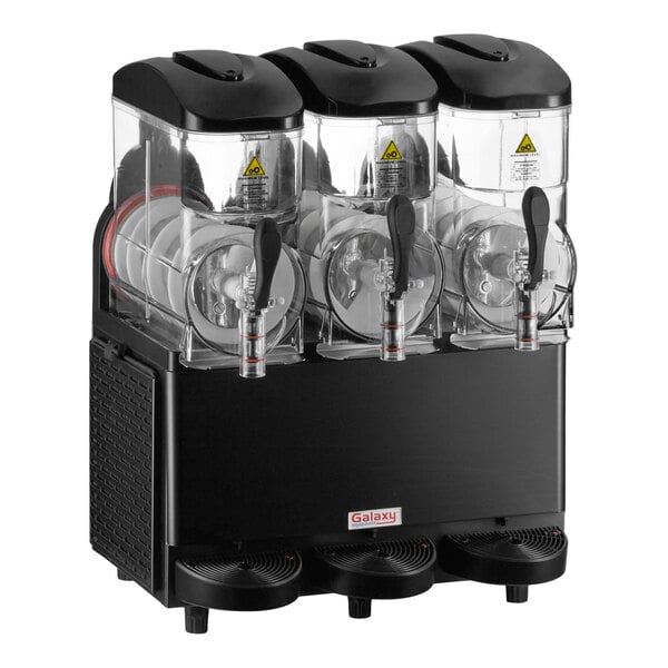 A triple 3-gallon pourover granita, slushy, or frozen beverage machine with three clear dispensing tanks and black lids.