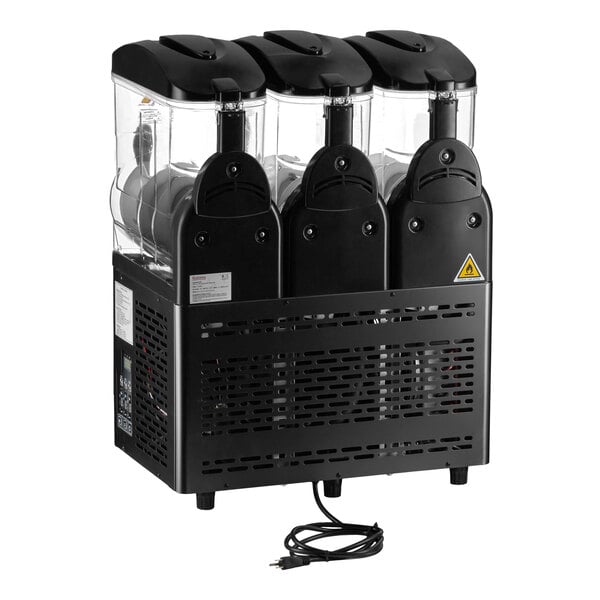 A triple 3-gallon pourover granita, slushy, or frozen beverage machine with a black base and clear containers.
