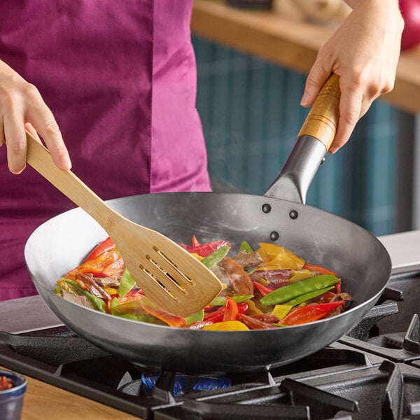 Emperor's Select 14" Carbon Steel Flat Bottom Mandarin Wok with Wood Handle