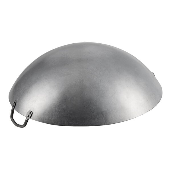 A metal dome with a handle for an Emperor's Select Carbon Steel Wok.