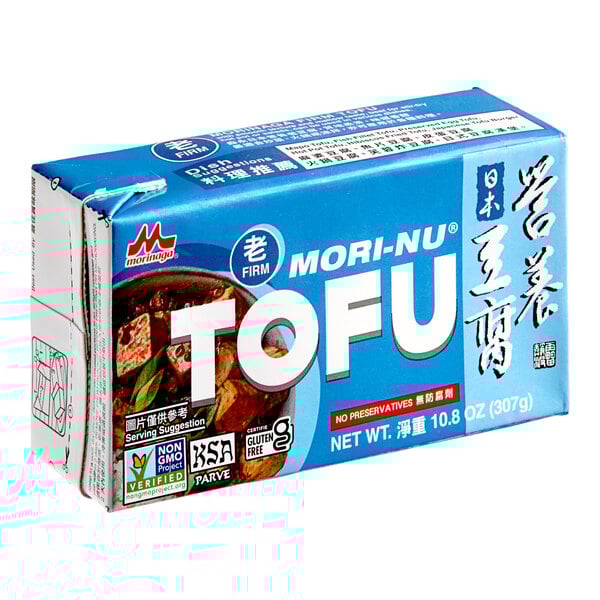 A blue box of Mori-Nu silken firm tofu.