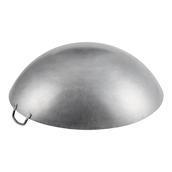 A close-up of a silver dome with a handle.