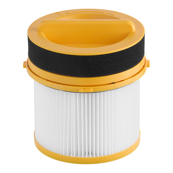 A yellow and white HEPA media motor filter for a Hoover vacuum.