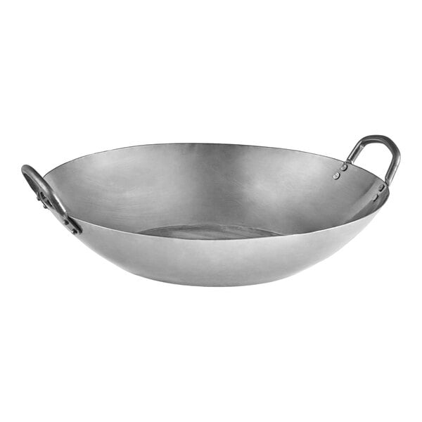An Emperor's Select carbon steel flat bottom wok with handles.