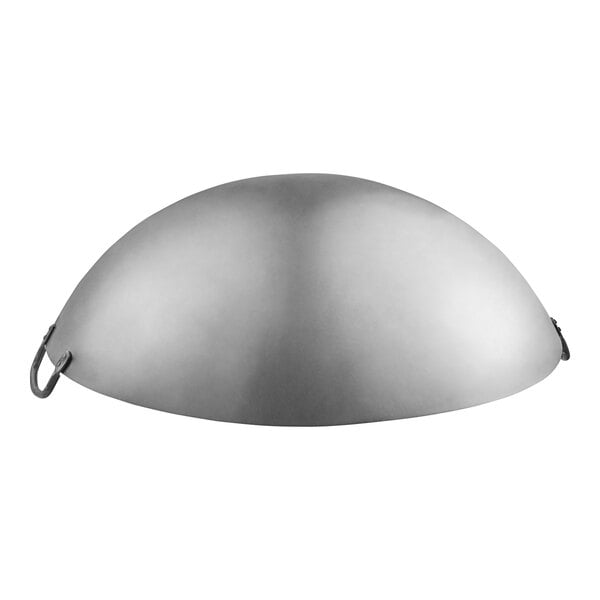 A silver metal wok cover with a handle.