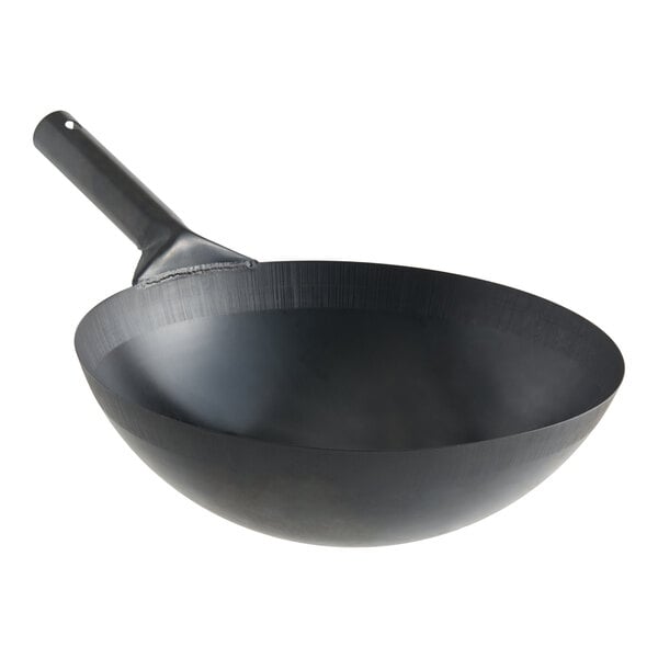 A 14-inch oxidized carbon steel mandarin wok with a single handle.