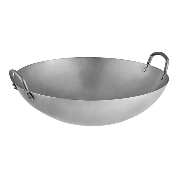 An Emperor's Select carbon steel wok with two handles.