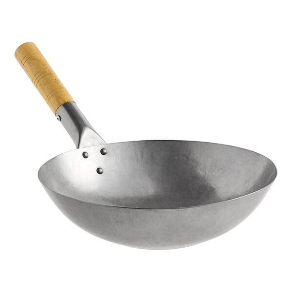 A 12-inch carbon steel flat bottom mandarin wok with a wooden handle.