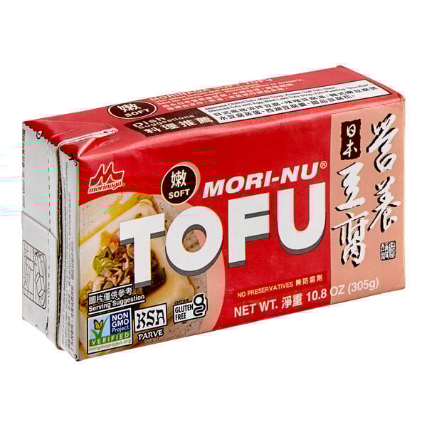 A case of 12 red and white boxes of Mori-Nu Silken Soft Tofu.
