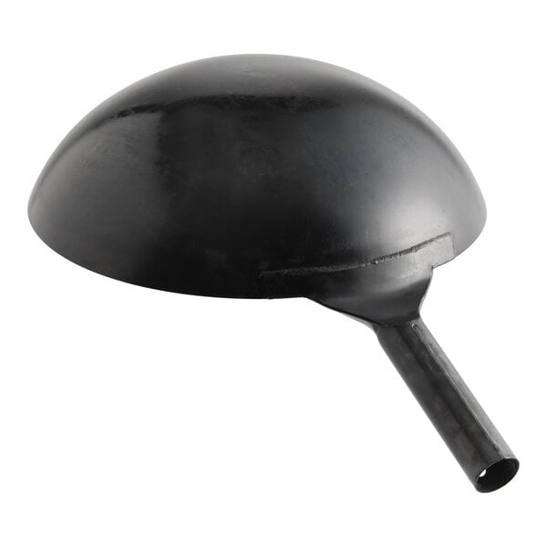 A heavy-duty oxidized carbon steel Mandarin wok with a rounded bottom and a short handle.