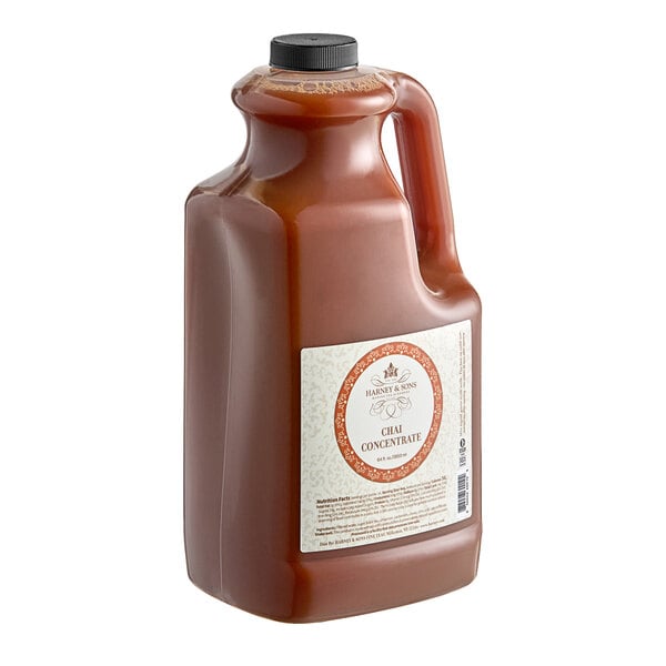A white jug of Harney & Sons Chai Tea Latte concentrate with a white label.