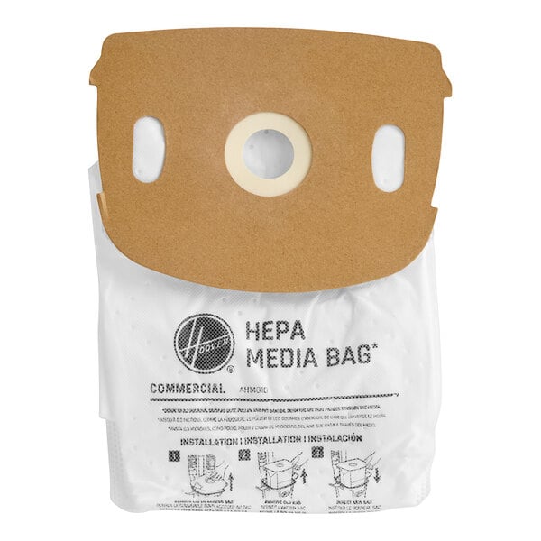 A white Hoover HEPA media filter bag with a brown band.