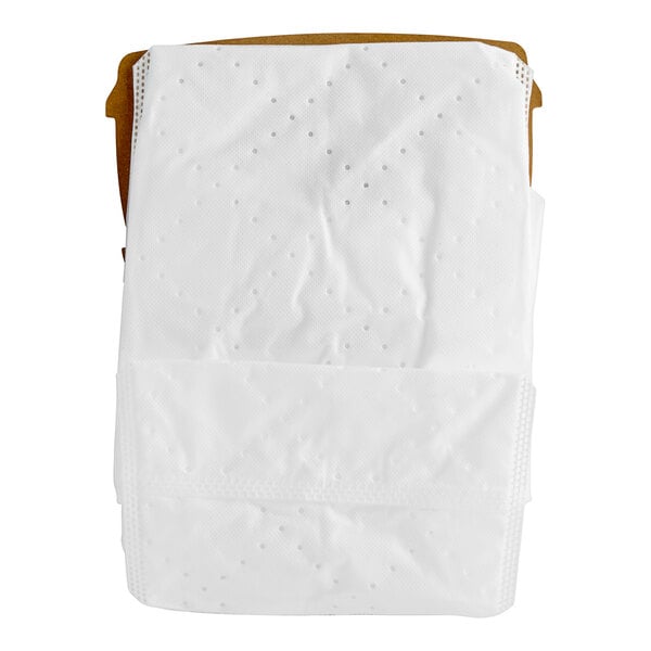 A stack of white Hoover HEPA media filter bags with a brown and white label.