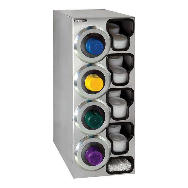 A stainless steel Dispense-Rite countertop cup dispenser with built-in lid and straw organizer.