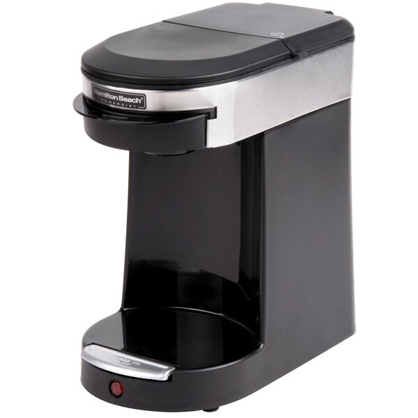 A black and silver Hamilton Beach single serving pod coffee maker on a counter.