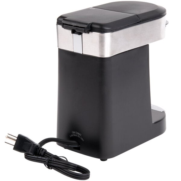 A black and silver Hamilton Beach single serving pod coffee maker with a cord attached.
