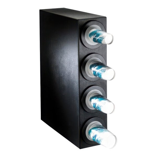 A black Dispense-Rite countertop cup dispenser with white plastic tubes.