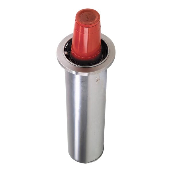 A red plastic cup in a silver cylinder with adjustable clips.
