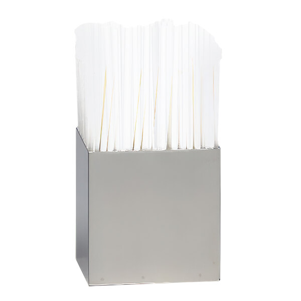 A silver metal container with a white Dispense-Rite Straw Attachment holding white straws.