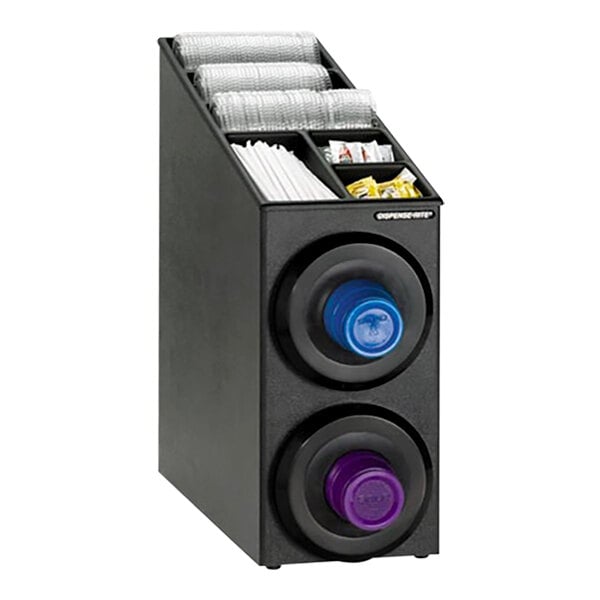 A black Dispense-Rite countertop cup dispenser with built-in lid and condiment organizer.