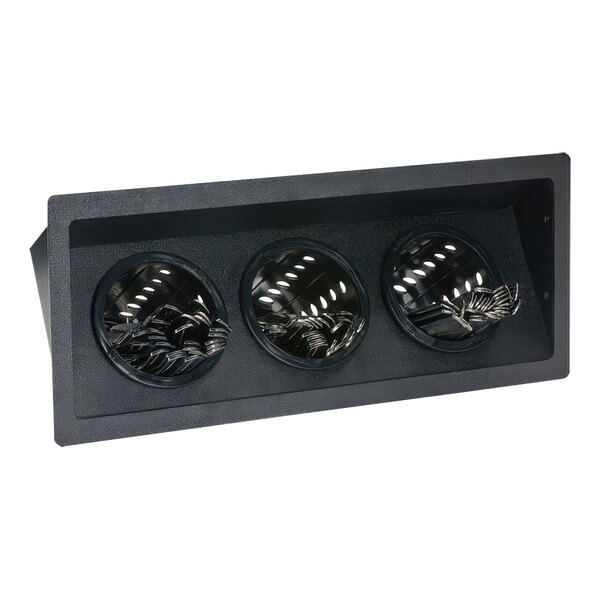 A black rectangular tray with three round holes.