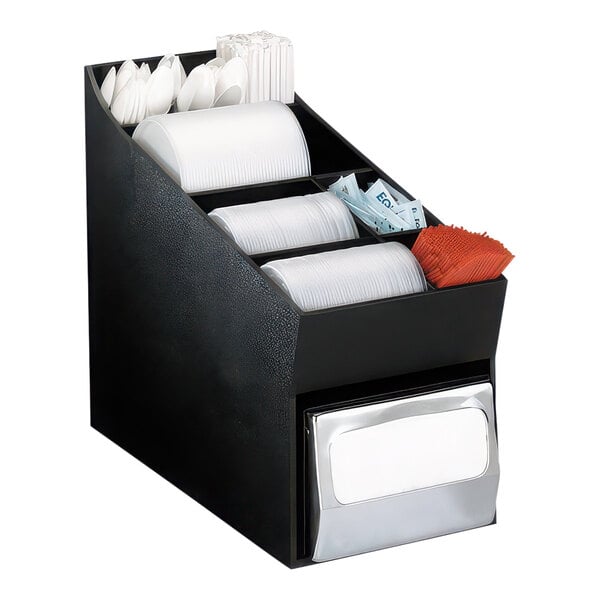 A black Dispense-Rite countertop organizer with white and black containers inside.