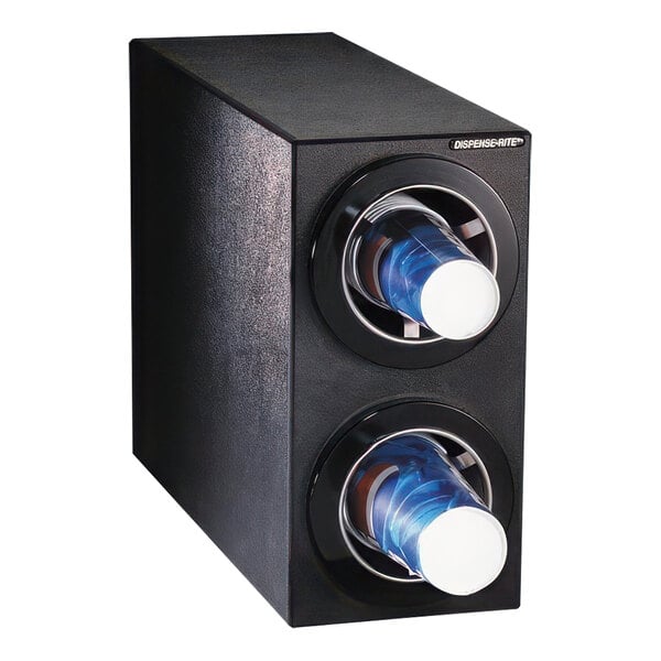A black Dispense-Rite countertop cup dispenser with two round holes.