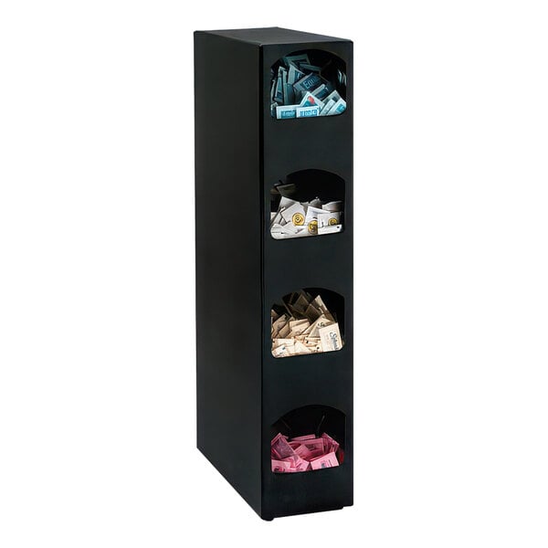 A black polystyrene vertical countertop condiment organizer with four sections.