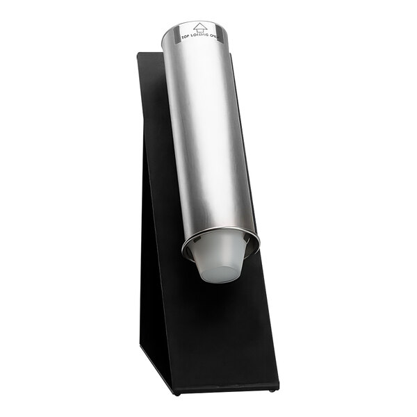 A black and silver Dispense-Rite countertop stand.