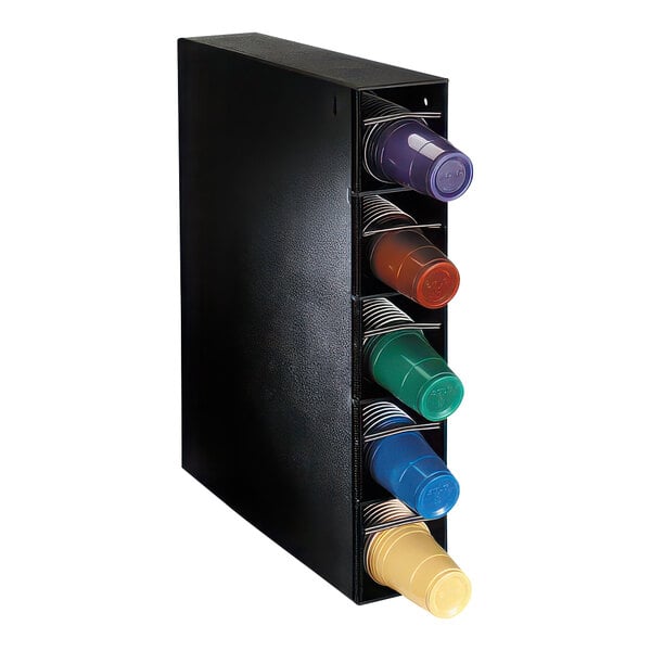 A black Dispense-Rite cup dispenser cabinet holding colorful plastic cups.