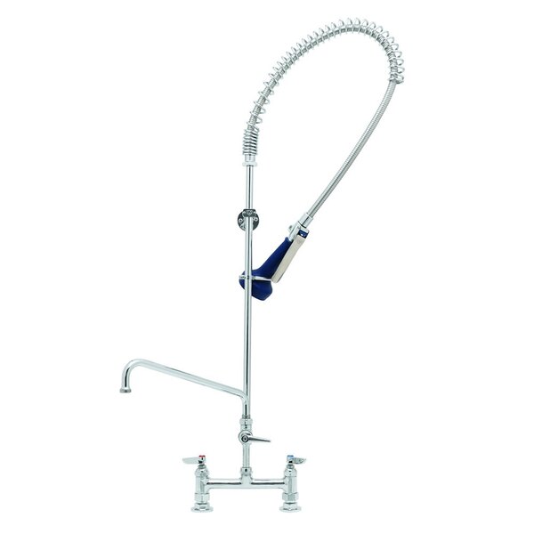 A chrome T&S pre-rinse faucet with a blue hose.