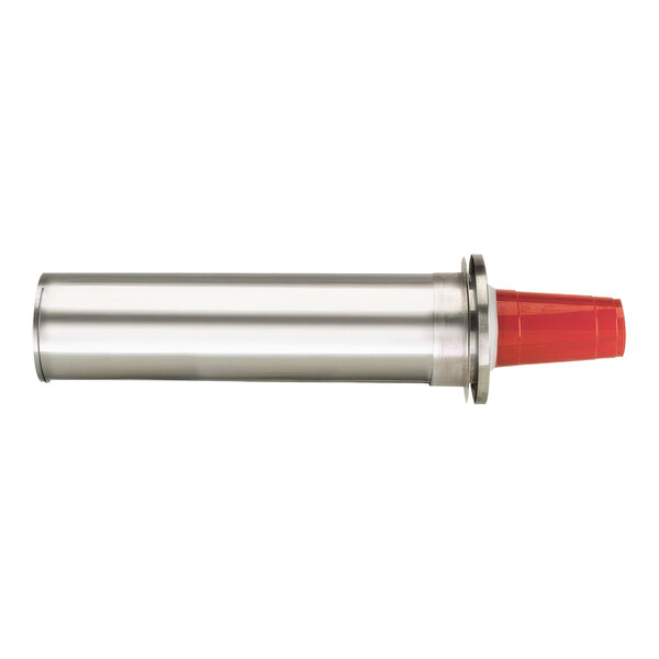 A stainless steel and red plastic cylinder with a white background.